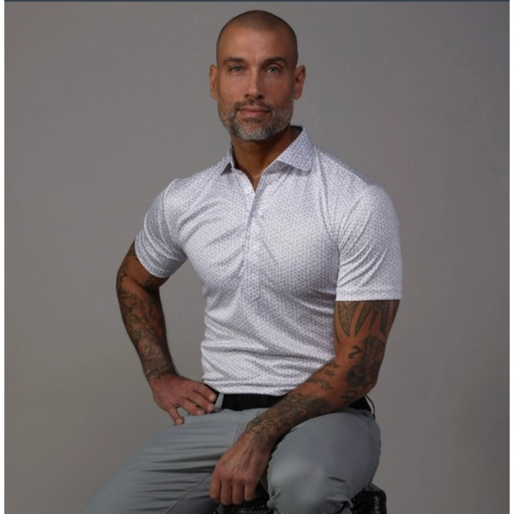 Collars & Co Mens Semi Spread Collar Polo Shirt XL White Geometric Short‎ Sleeve - Picture 2 of 15